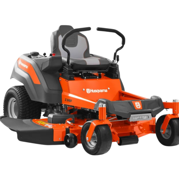 Side view of a Husqvarna zero-turn mower with cutting deck.