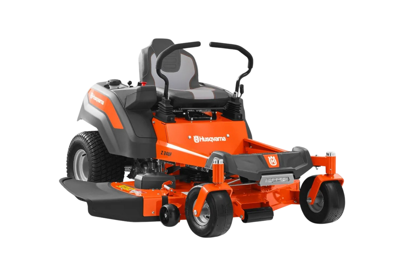 Side view of a Husqvarna zero-turn mower with cutting deck.
