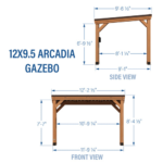 12x9.5 Arcadia Gazebo dimensions: front and side views with measurements