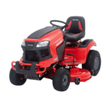 The Craftsman T2400 – 46" Hydrostatic Gas Riding Mower features a red body, black seat and steering wheel, large rear wheels, smaller front wheels, and an under-deck for efficient lawn cutting.