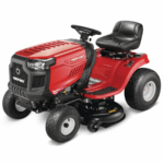 A red Troy-Bilt Bronco 42 – 42” 19HP Briggs & Stratton Automatic Drive Gas Riding Lawn Tractor, featuring a black seat, large rear wheels, and front headlights, is displayed on a white background.