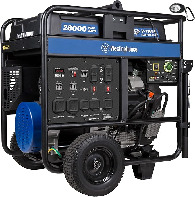 dalinex-product-34-image-1 The Westinghouse 28,000 Peak Watt Home Backup Portable Generator features multiple outlets, control panels, black and blue casing, two wheels, and a V-twin electric start—ideal for heavy-duty use.