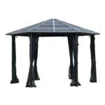 A 13 ft hardtop hexagonal gazebo canopy featuring a black aluminum alloy frame, a sloped steel roof, and mesh sidewalls draped from each corner. The structure is open on all sides, with curtains tied neatly to the posts.