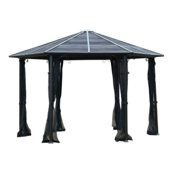 A 13 ft hardtop hexagonal gazebo canopy featuring a black aluminum alloy frame, a sloped steel roof, and mesh sidewalls draped from each corner. The structure is open on all sides, with curtains tied neatly to the posts.