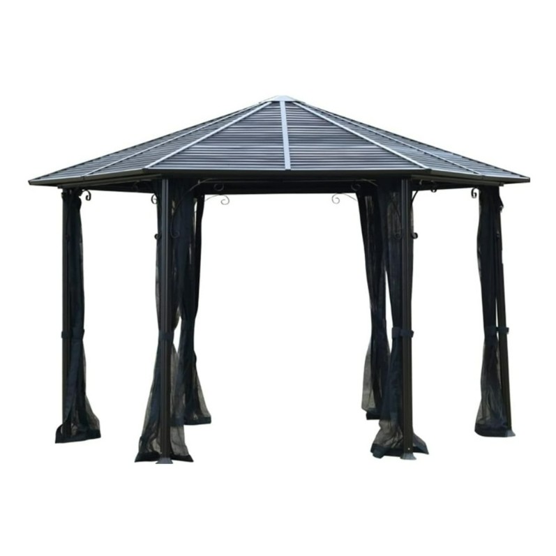 A 13 ft hardtop hexagonal gazebo canopy featuring a black aluminum alloy frame, a sloped steel roof, and mesh sidewalls draped from each corner. The structure is open on all sides, with curtains tied neatly to the posts.