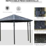 Experience the 13 ft Hardtop Hexagonal Gazebo Canopy with a durable steel roof, breathable mesh sidewalls, and an aluminum alloy frame. Illustrated icons highlight its protection and ventilation features, while insets display convenient details such as a Velcro strap, double-sided zipper, and hanging loop for securing the sidewalls.