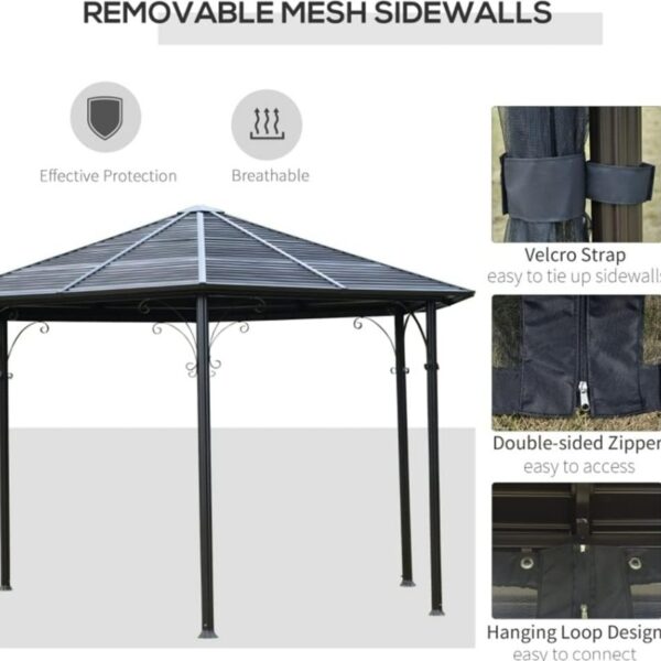 Experience the 13 ft Hardtop Hexagonal Gazebo Canopy with a durable steel roof, breathable mesh sidewalls, and an aluminum alloy frame. Illustrated icons highlight its protection and ventilation features, while insets display convenient details such as a Velcro strap, double-sided zipper, and hanging loop for securing the sidewalls.