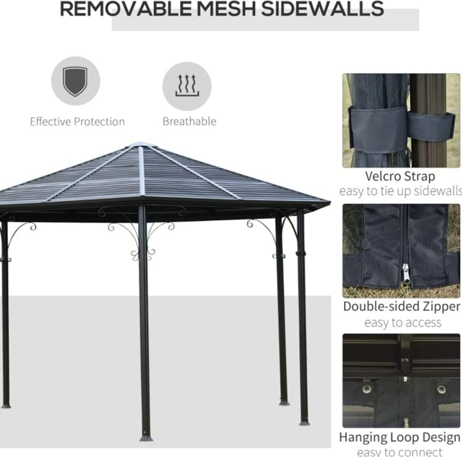 Experience the 13 ft Hardtop Hexagonal Gazebo Canopy with a durable steel roof, breathable mesh sidewalls, and an aluminum alloy frame. Illustrated icons highlight its protection and ventilation features, while insets display convenient details such as a Velcro strap, double-sided zipper, and hanging loop for securing the sidewalls.