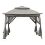 A 10.8 ft Pop-Up Gazebo Party Tent with a double-tiered roof and sheer mesh curtains tied to the four corner posts. This portable outdoor canopy is open on all sides, offering a shaded space underneath.