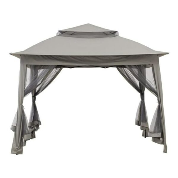 A 10.8 ft Pop-Up Gazebo Party Tent with a double-tiered roof and sheer mesh curtains tied to the four corner posts. This portable outdoor canopy is open on all sides, offering a shaded space underneath.
