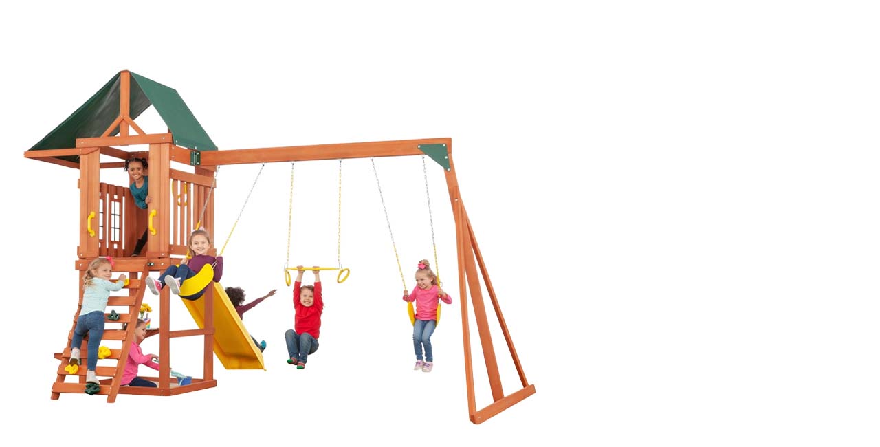 Six children play on a wooden outdoor playset with a slide, swings, ladder, and clubhouse. The background is plain white, highlighting the quality and fun of this play structure from your favorite outdoor products shop.