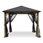 A 10 ft x 10 ft Wood Grain Outdoor Patio Gazebo with a black metal roof and sheer black curtains tied to each corner, standing on a white background.