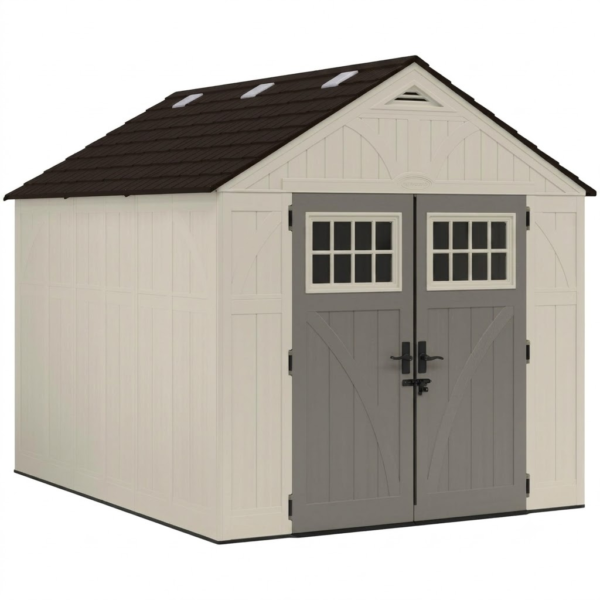 Suncast 8×10 Ft. Outdoor Storage Shed – Large Resin Outdoor Shed with Floor Included, Lockable Double Doors & Skylights. 547 Cu Ft Tremont Garden Resin Sheds for Lawn Tools, Riding Mowers, & Bikes
