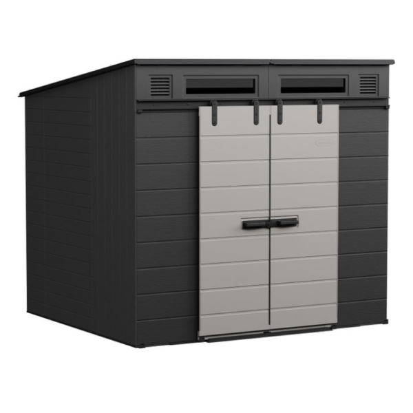 Suncast Modernist 8′ x 7′ Dual Barn Door Storage Shed – 362 Cu. Ft. Capacity, Steel Frame