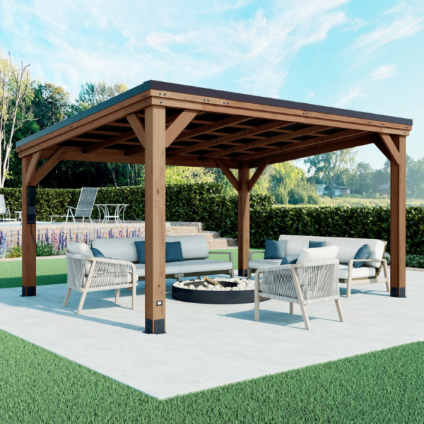 Backyard Discovery Arcadia 14 x 12 ft. Cedar Wood Hardtop Sloped Roof Gazebo with PowerPort