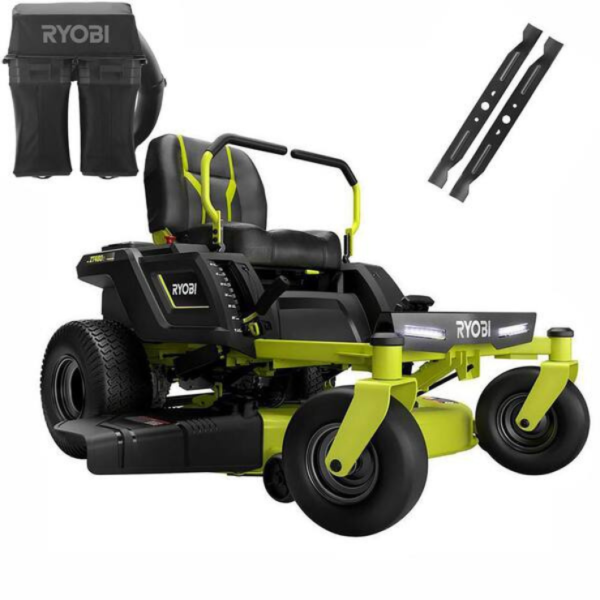 RYOBI 48V Brushless 42-Inch Battery Electric Zero Turn Riding Lawn Mower with Bagging Kit