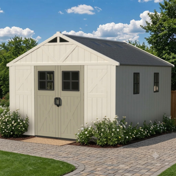 Patiowell 10×12 FT Outdoor Storage Shed with Floor and Lockable Door, All Weather Plastic Shed Garden Shed with Skylight and Multiple Windows for Backyard, Patio, Lawn, Beige